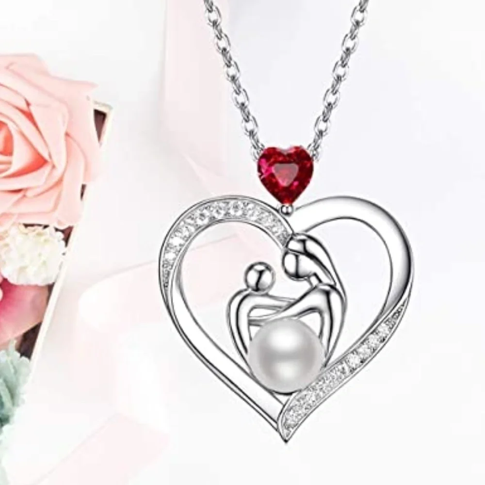 ALWAYS MY MOM Grandma Red Stone Pearl Heart Pendant Chain Necklace